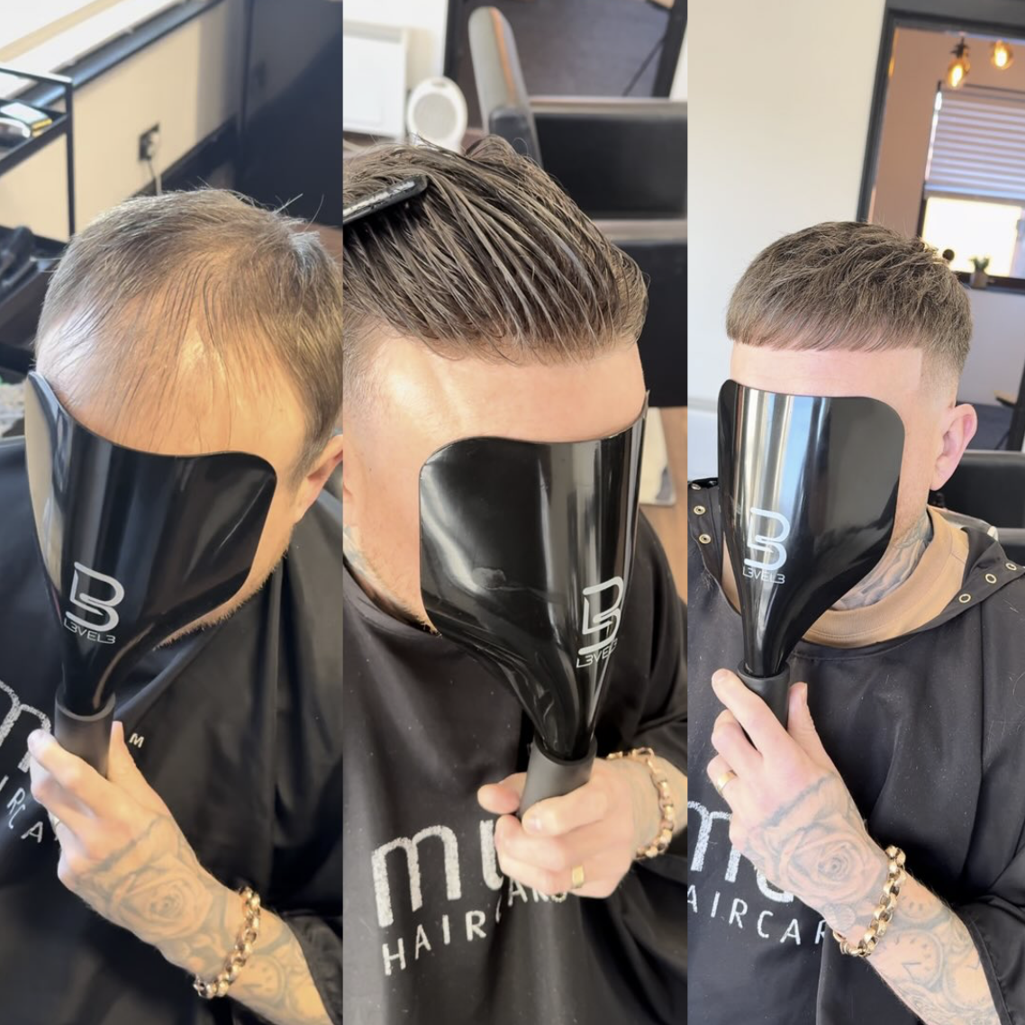 Men's hair system being styled and blended in Kansas City