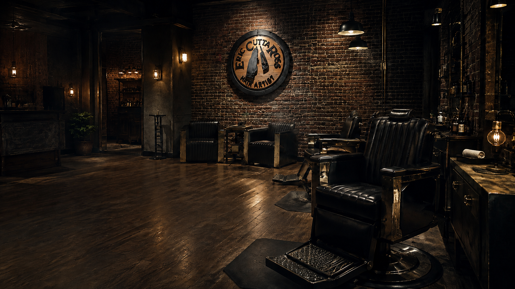 Eric Cutta Ross Kansas City barbershop with black leather chairs in the Cutta Room